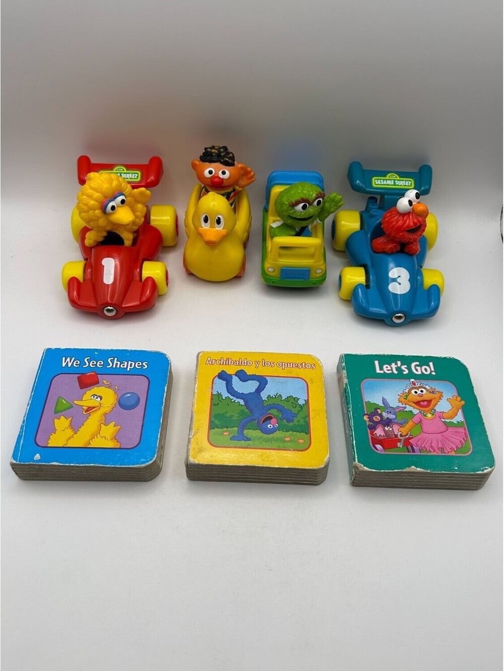 Vintage Sesame Street Toy Lot Pull Back Race Cars Elmo Ernie Oscar & Board Books